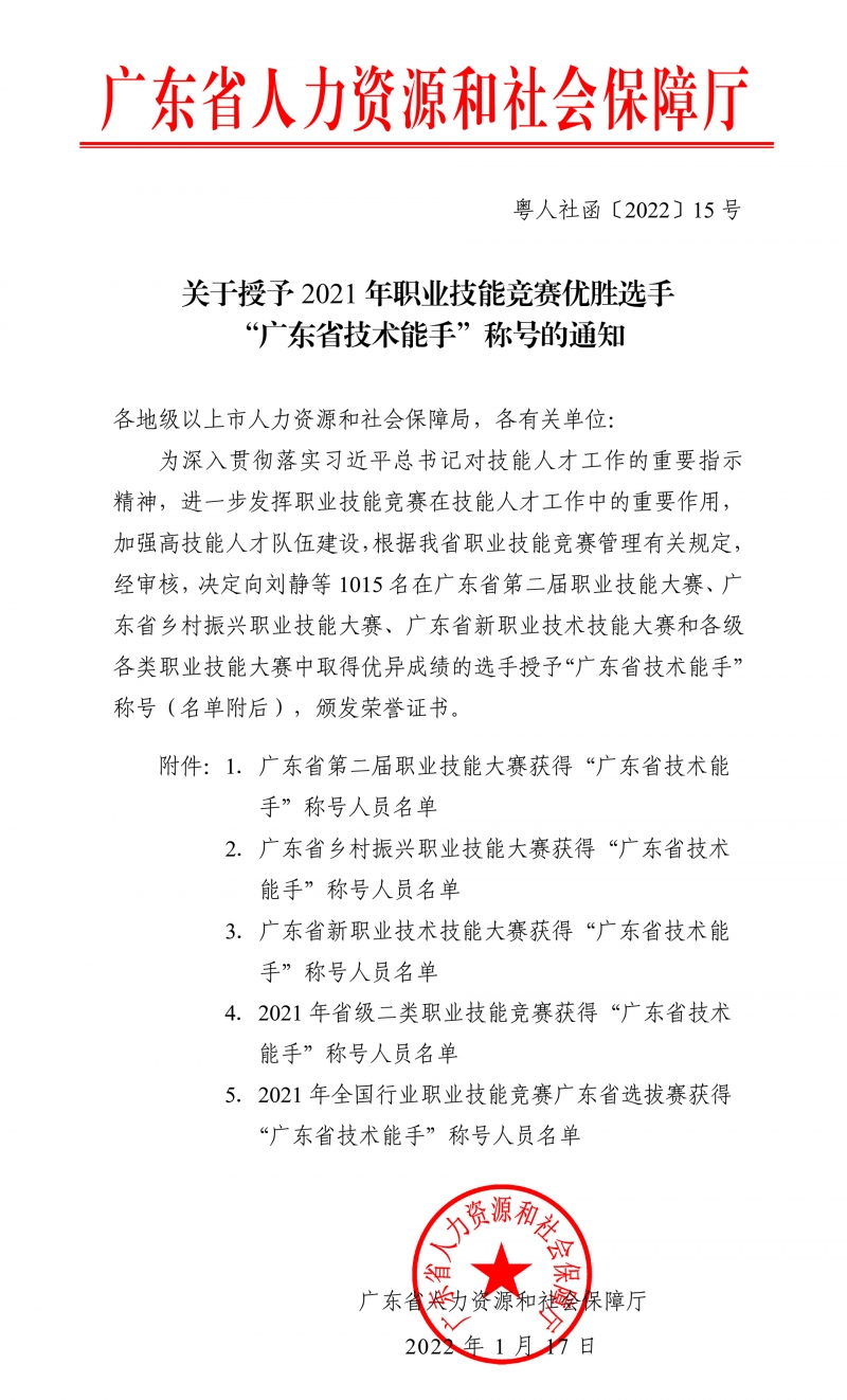 20220618粤人社函〔2022〕15号关于授予2021年职业技能竞赛优胜选手“广东省技术能手”称号的通知